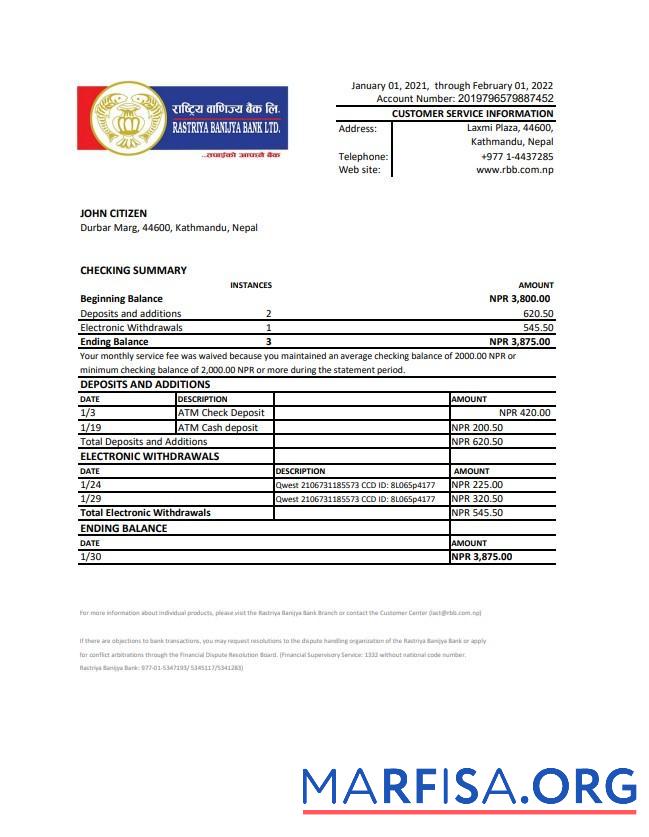 Downloadable Nepal Rastriya Banijya bank statement excel download for verification